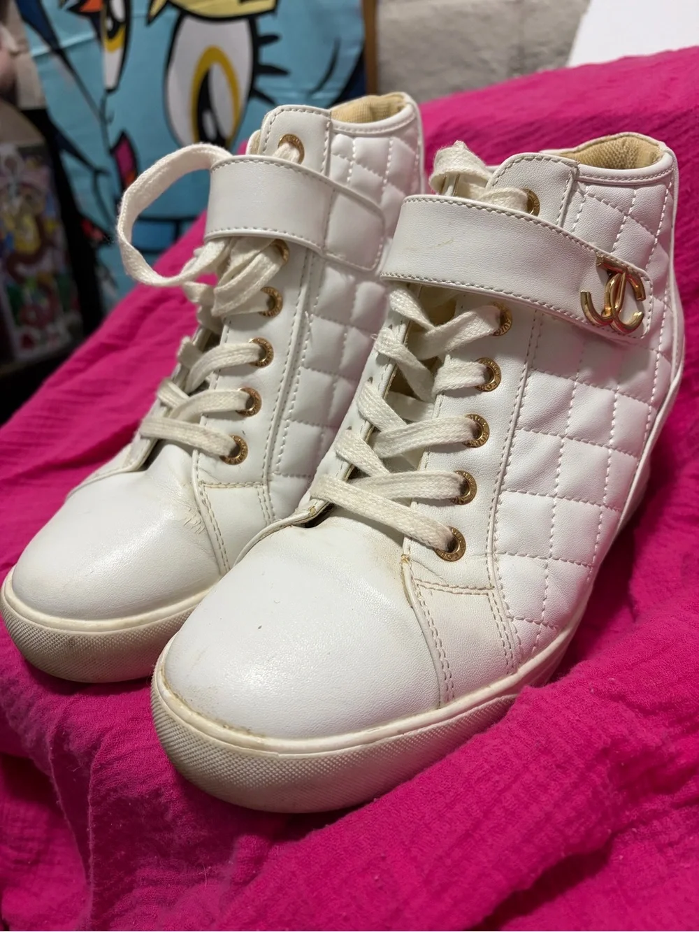 Juicy Couture White Quilted High-Top Wedge Sneakers with Gold Hardware